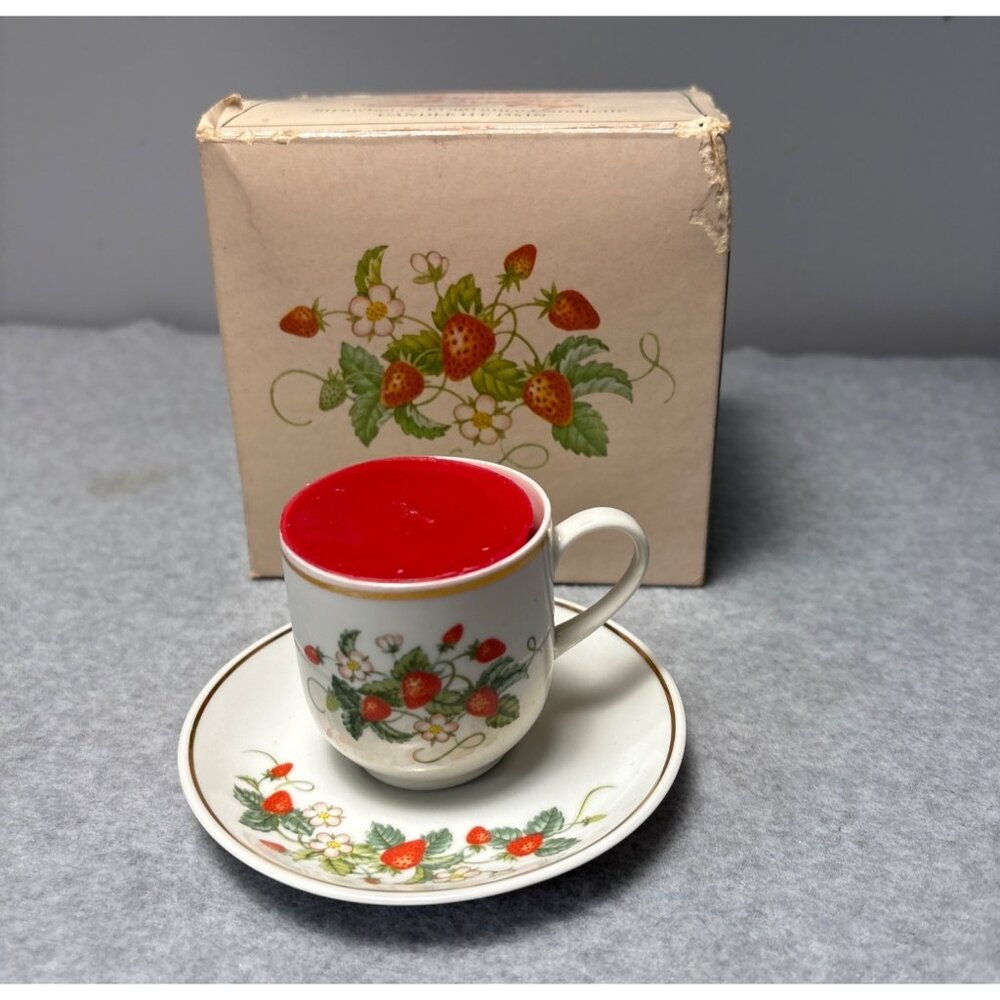 Avon Strawberry Porcelain Demi-Cup & Saucer w/ 22K Gold Trim & Strawberry Fragra